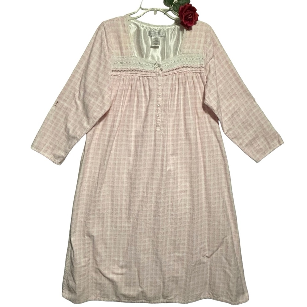Vtg Earth Angels LG Flannel Cotton Granny Gown Pink White checkered ribbon lace